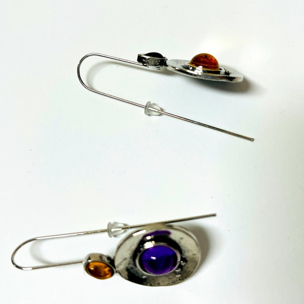Earrings Dangle NIP  Unique purple and yellow stone silver tone. 2” x .80” - Picture 5 of 9